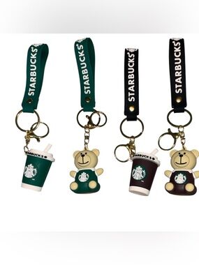 Coffee Cup & Bear Keychain Bundle Set of 4 Wristlet Strap Bag Charms Green Black